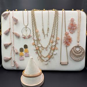 Pink & Gold Tone Jewelry Lot, Vintage -Now Costume Necklaces Earrings Bangle +